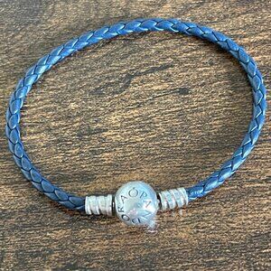 Authentic Pandora 7.5” Navy Blue Braided Leather Bracelet Sterling Silver Clasp